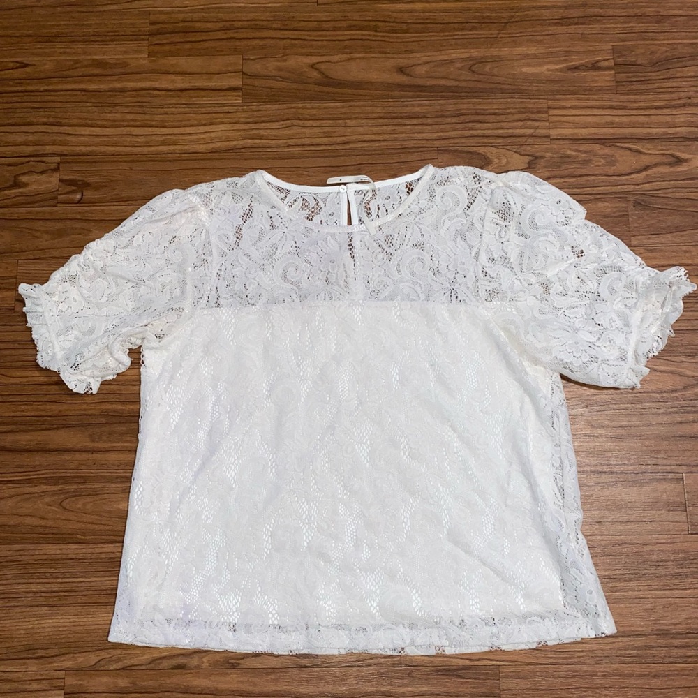 Anthropologie White Puff Sleeve Ruffled Blouse